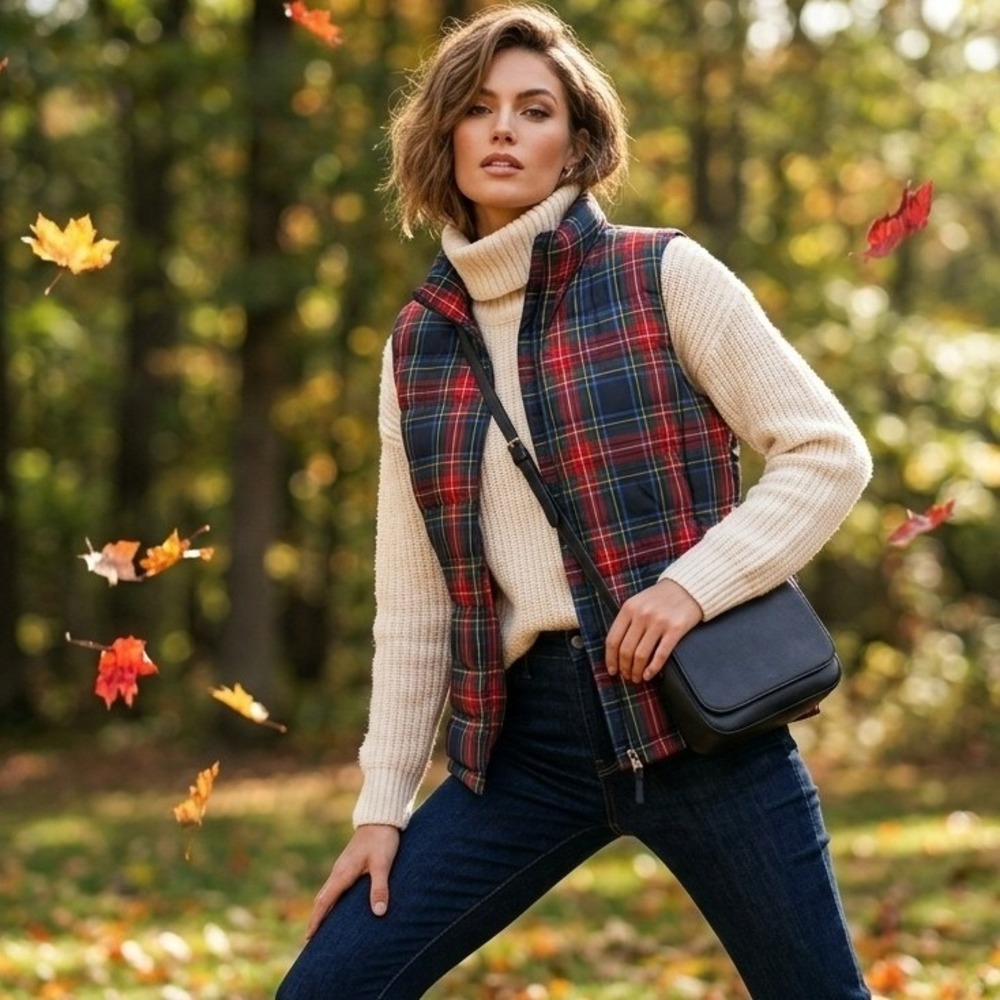 Talbots Petites Plaid Puffer Vest Red Navy Tartan Down Fill Quilted LP Petite L